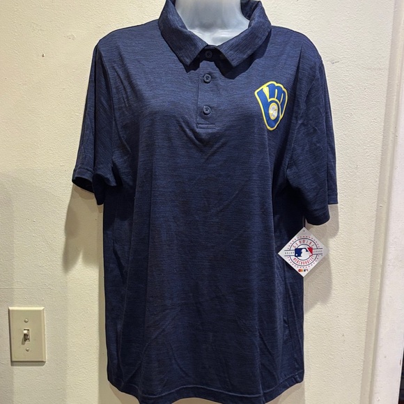 Majestic Navy Blue Polo Shirt with Logo brewers - Picture 1 of 6